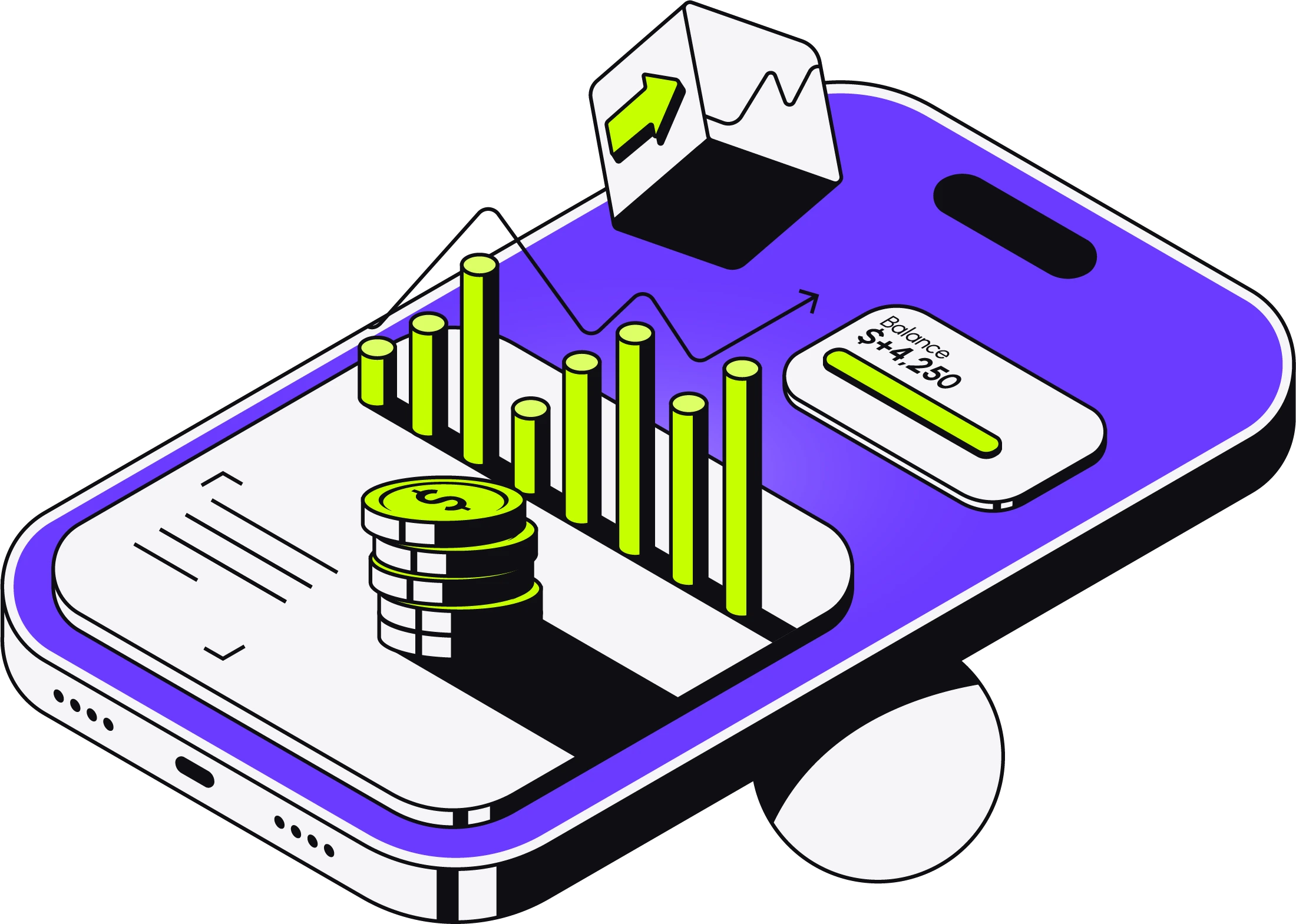 Financial dashboard analytics with charts, balances and a connected card